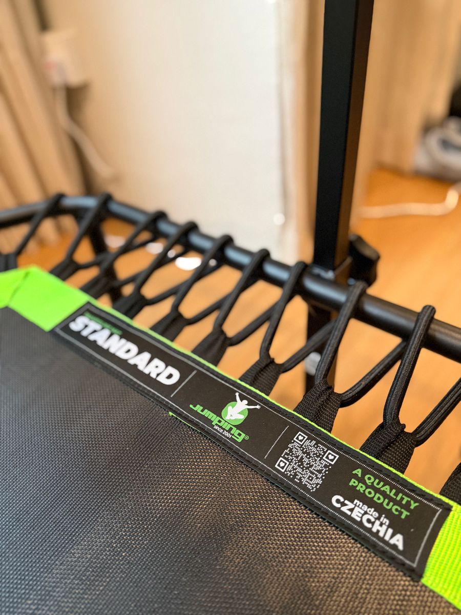 Close-up of a Jumping&reg; trampoline mat label: a quality product, made in Czechia